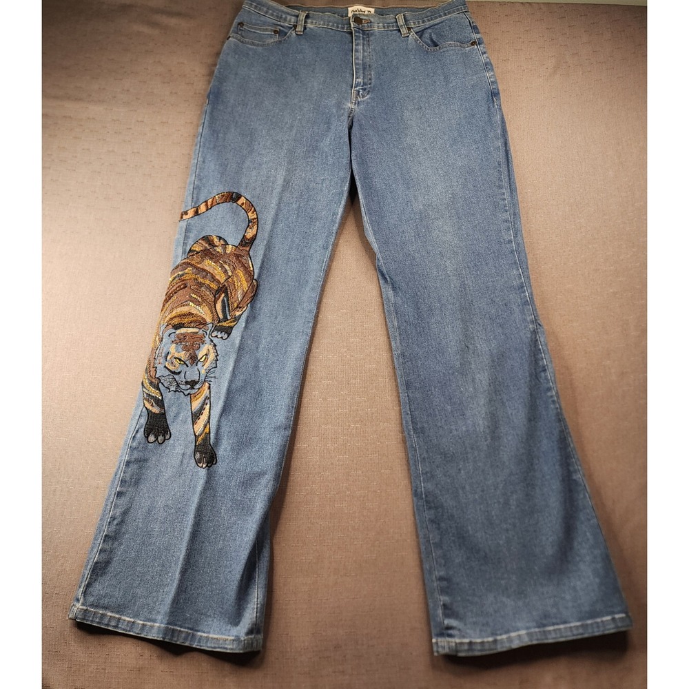 Gabby D Y2K Jeans Beaded Embroidered Tiger Denim Straight Leg Blue Womens 14